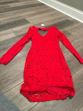 Red Lace Long-Sleeve V-Neck Dress